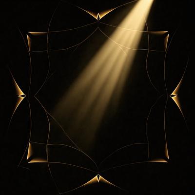 The primary subject of the image is a bright light shining through a patterned background. The light is illuminating the background, creating a visually striking scene. The setting appears to be a dark room, with the light source being the main focus of the image. The visual style of the image is a combination of digital art and illustration, with the light source being the main element that stands out. The colors and mood of the image are predominantly dark, with the bright light source creating a contrasting and dramatic atmosphere